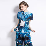 popularT-shirt women's new high-end niche age-reducing suit pleated versatile top loose and thin pleated pants