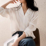 2025 Silky texture mulberry silk shirt texture silk shirt  spring and summer women's new white long-sleeved top