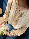 2025 early spring new bohemian embroidered lace-up cotton long-sleeved shirt