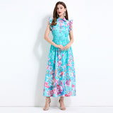 Popular trade women's clothing summer seaside vacation wind flying sleeves flower fairy print waist ruffle edge dress
