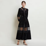 Court style dress women's  retro fashion stand-up collar pearl single-breasted lace splicing velvet pendulum dress