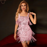 HULIANFU 2025 2025 New  solid color fringed sequins suspender cocktail dress skirt party dress short skirt fringed even