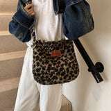 HULIANFU 2025 popular autumn and winter new fashion plush bag retro large capacity shoulder bag leopard print hair bag underarm messenger women's bag