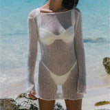 HULIANFU New summer  new knitted sexy big halter beach vacation dress long sleeve hollow perspective women's clothing