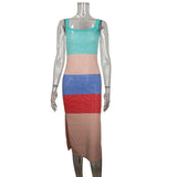 HULIANFU New summer 2025 INS style sexy vacation dress sleeveless suspender contrasting color side split hollow dress long dress women
