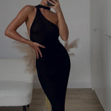 HULIANFU New new summer 2025 trade Europe and America sexy seaside vacation solid color shoulder hip wrap slim long dress women