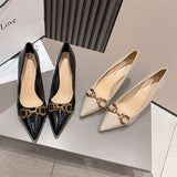 2025 775-26  commuter high-heeled single shoes women's Korean version professional patent leather high-heeled shoes horse buckle pointed stiletto women's shoes