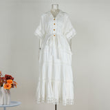 Casual loose shirt skirt women's  summer wear short-sleeved lapel lace hollow embroidered dress lace-up