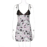 HULIANFU 2025 ins style New Popular trade street Spice girl nightclub deep v splicing lace print sexy suspender dress women