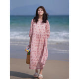 Literary and retro floral dress  summer new loose large size waist and thin temperament long dress five-quarter sleeves