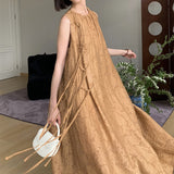 2025 spring and summer heavy industry tencel linen blend front and rear two wear fringed dress children drawstring sleeveless dress