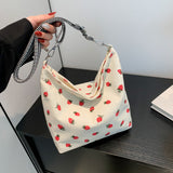 HULIANFU 2025 popular summer new corduroy cloth casual bucket bag fashion fruit strawberry cherry print tide shoulder messenger bag