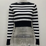 HULIANFU Popular, 2025,  women's new retro striped knitted t-shirt, sexy long-sleeved short button-showing ins top