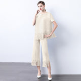 Miyake 2025 style pleated fringed design sense loose irregular top thin wide-leg pants two-piece suit women