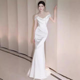 2025 Light wedding dress shoulder high-end niche satin engagement dress  bride wedding welcome out yarn fishtail dress