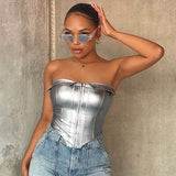 women's clothing popular new lapel tube top PU leather fish bone sexy cardigan zipper top small vest