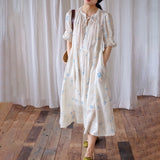 clear summer gentle wind dress, ramie floral pleated lace-up dress, Mori skirt 220622