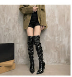 2025  Black pleated stacked boots women's shoes popular autumn and winter new thin heel high heel sleeve knee boots small man