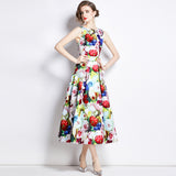 Fashion, light and mature style, celebrity temperament, sleeveless round neck, waist and thin A-shaped three-dimensional tailoring printed big pendulum dress