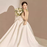 2025 light wedding dress bride simple tube top going out yarn Mori super fairy satin dress welcome yarn small man