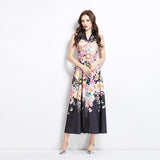 2025 niche fashion retro suit collar sleeveless waist printed dress women's thin big swing elegant long skirt