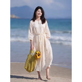 summer new temperament  coffee break dress retro literary and casual waist thin big swing dress women