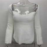 HULIANFU spring elegant sexy square neck knitted pullover slim arc hem slit solid color knitted women's sweater