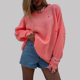 2025popular Popular, ,  New new knitted round neck loose hole medium and long sleeve sweater knitted sweater