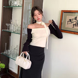 2025 popular autumn new pure desire one-word shoulder rose scarf long-sleeved knitted sweater women's top 23198