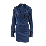2025 Autumn and winter elegant blue temperament thin soft matte satin irregular collar long sleeve slim short dress women