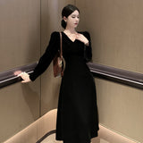 2025 temperament v-neck high-end velvet dress for women's autumn and winter new waist and thin medium and long black skirt