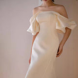 2025 light wedding dress  new bride retro shoulder white satin fishtail dress manufacturer wholesale supply