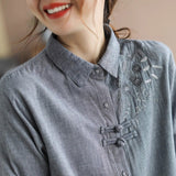 summer new literary and retro temperament fine plaid shirt women's large size wind embroidery national style buckle top