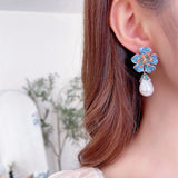 2025 retro court style exaggerated atmospheric earrings female zircon inlaid three-dimensional flower water drop pearl earrings