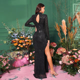 2025 long-sleeved temperament round neck sexy slim-fitting long sequined banquet evening dress bridesmaid dress women