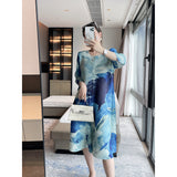 Miyake  spring and summer new ink painting printing elegant loose and thin pleated dress temperament medium and long dress