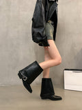 2025  Vintage thick heel Martin boots women's shoes popular new black Spice Girl belt buckle slim trousers mid tube western boots
