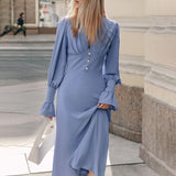 2025 fashion design sense V-neck dress  autumn simple slim A-shaped dress women's  chiffon medium and long dress