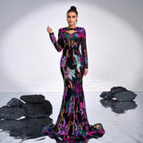 2025 long-sleeved crew neck sexy hollow long sequin banquet fishtail evening dress bridesmaid dress women