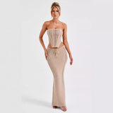HULIANFU 2025 2025 trade spring and summer hot-selling new products, sexy trend backless tube top, hip-wrapped long skirt, knitted suit