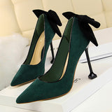 2025 17175-2 Korean version of sexy and thin high heels women's shoes thin heels high heels suede light mouth pointed bow single shoes