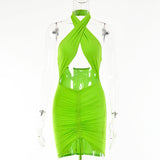 2025 women's clothing sexy babes ins style  summer new solid color neck halter drawstring pleated dress