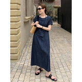 2025 THE MIND denim short-sleeved dress 2025 thirteen lines summer new Korean simple A-shaped long dress T5006X