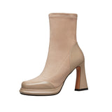 2025  Coarse heel short boots women's splicing waterproof table elastic thin boots high heel short single boots versatile Korean version gentle