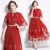 Popularan large-size women's clothing high-end printing heavy industry beaded pleated long dress pleated skirt temperament dress women