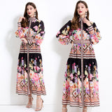 Popular trade export court style retro flower printing stand-up collar long-sleeved ruffle edge long skirt chiffon two-piece set