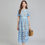 Real shot, summer water-soluble lace embroidery hollow round neck short-sleeved heavy industry temperament dress A-shaped skirt