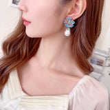 2025 retro court style exaggerated atmospheric earrings female zircon inlaid three-dimensional flower water drop pearl earrings