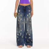 2025 Cross-border street wind ripped jeans women's straight pants high street washed wasteland wind denim design sense mopping pants women