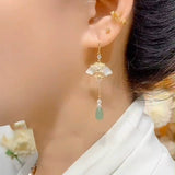 Chinese fan-shaped fringed earrings women's new Chinese style antique high-end folding fan earrings temperament elegant fan earrings